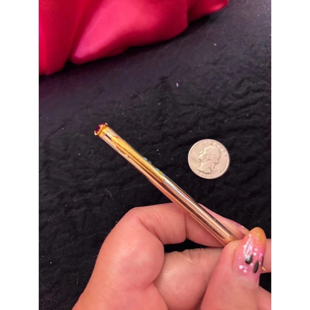 Vintage Mascot Mechanical Pencil Gold Tone Blue Floral Pink Jewel Top 3.25